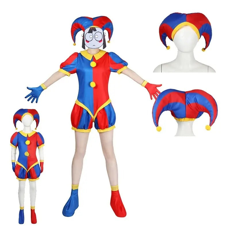 Pomni Clown Masker, Hoed & Jumpsuit Set | Leuke en Kleurrijke Cartoon-Inspired Outfit voor Feesten en Kerstmis - Cirvus