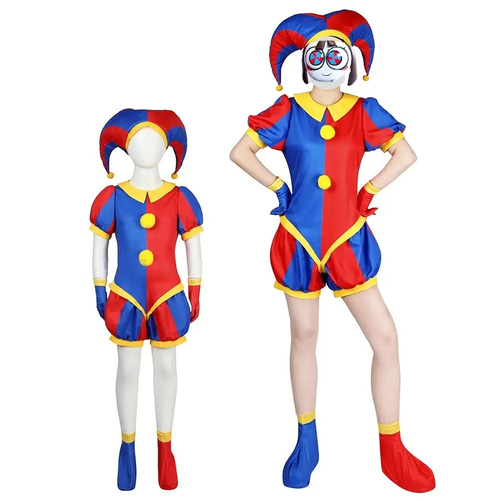 Pomni Clown Masker, Hoed & Jumpsuit Set | Leuke en Kleurrijke Cartoon-Inspired Outfit voor Feesten en Kerstmis - Cirvus