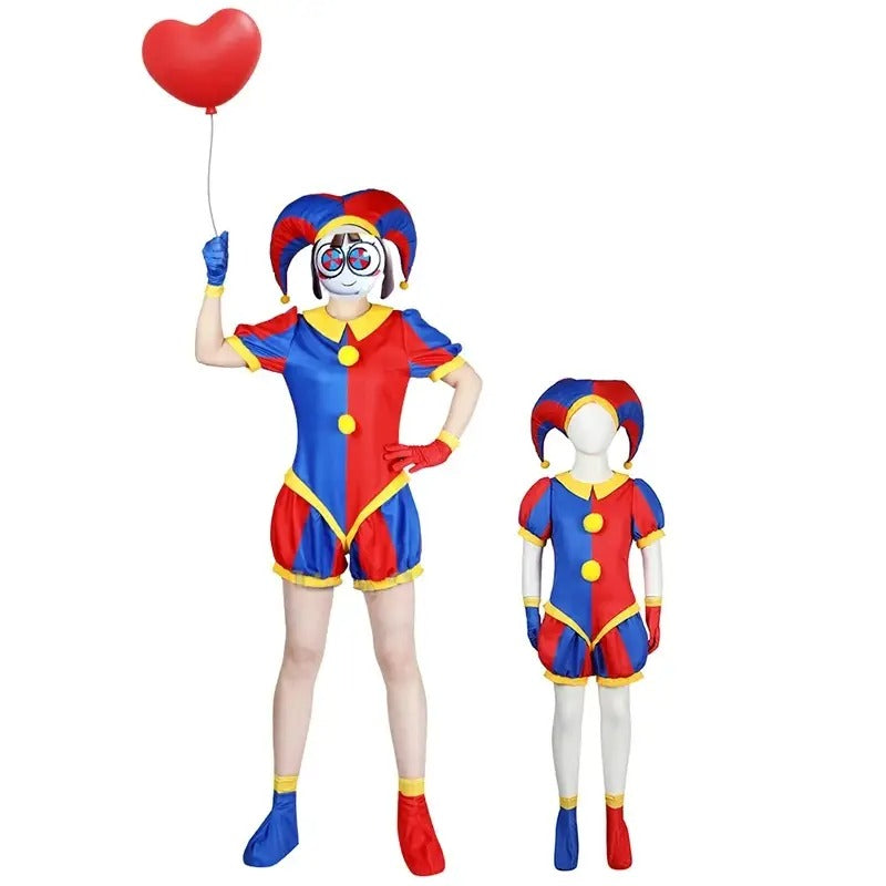 Pomni Clown Masker, Hoed & Jumpsuit Set | Leuke en Kleurrijke Cartoon-Inspired Outfit voor Feesten en Kerstmis - Cirvus