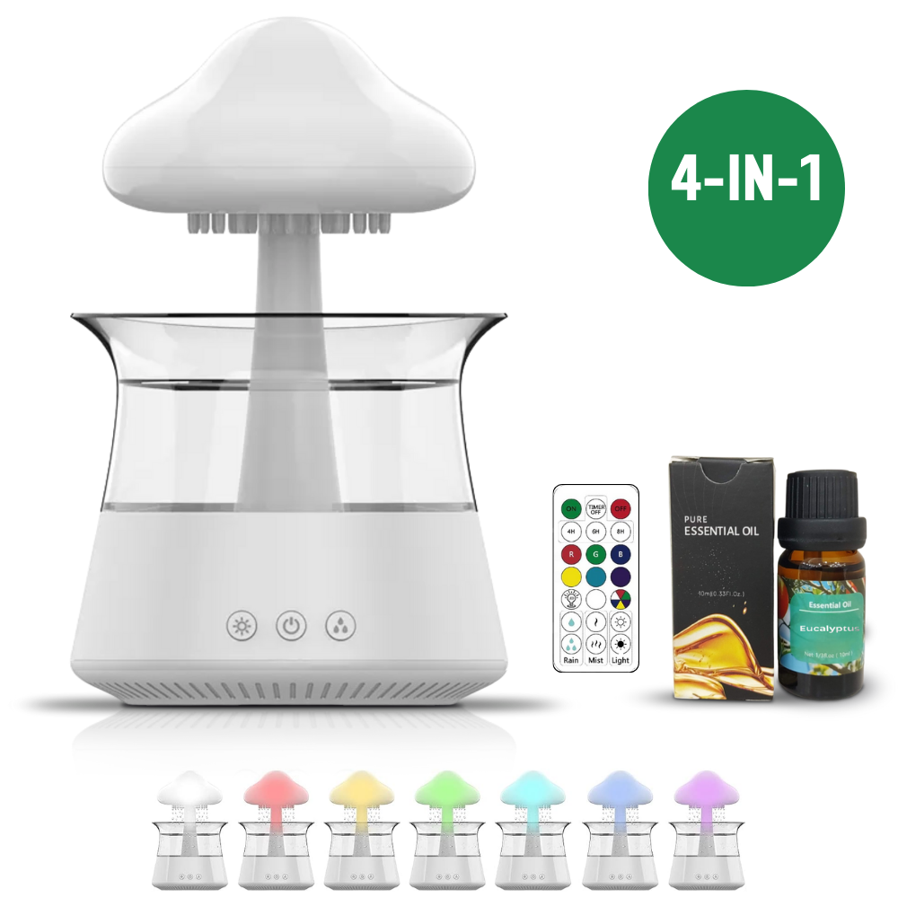 Verdo 4-in-1 Regendruppel Humidifier | Aroma diffuser + Essential Oil (Eucalyptus) + Afstandsbediening | White Noise Machine | Slaaptrainer