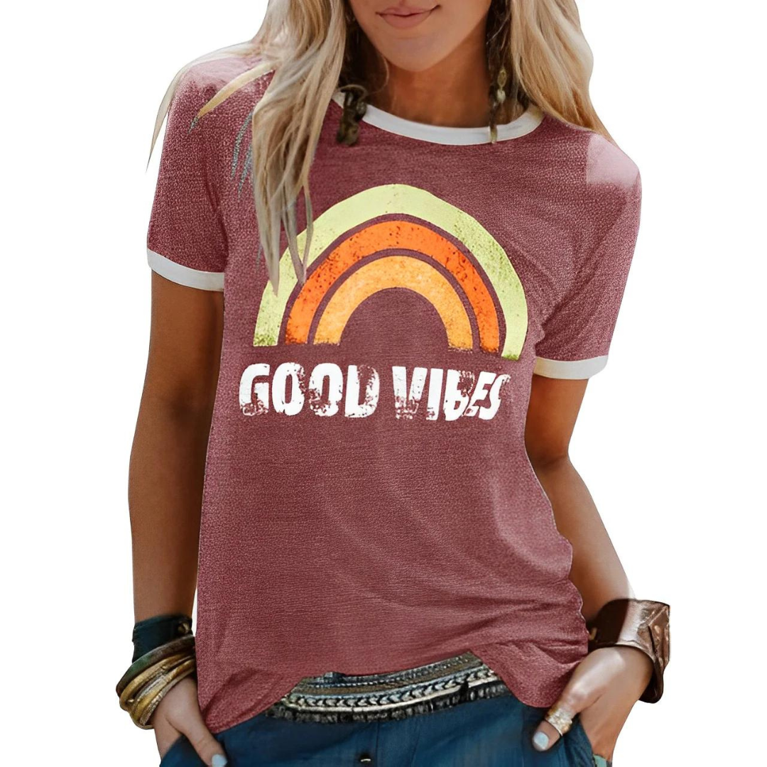 Goede Vibes Slanke Pasvorm Dames Shirt | Zacht Katoen met Inspirerende Afdrukken - Steff