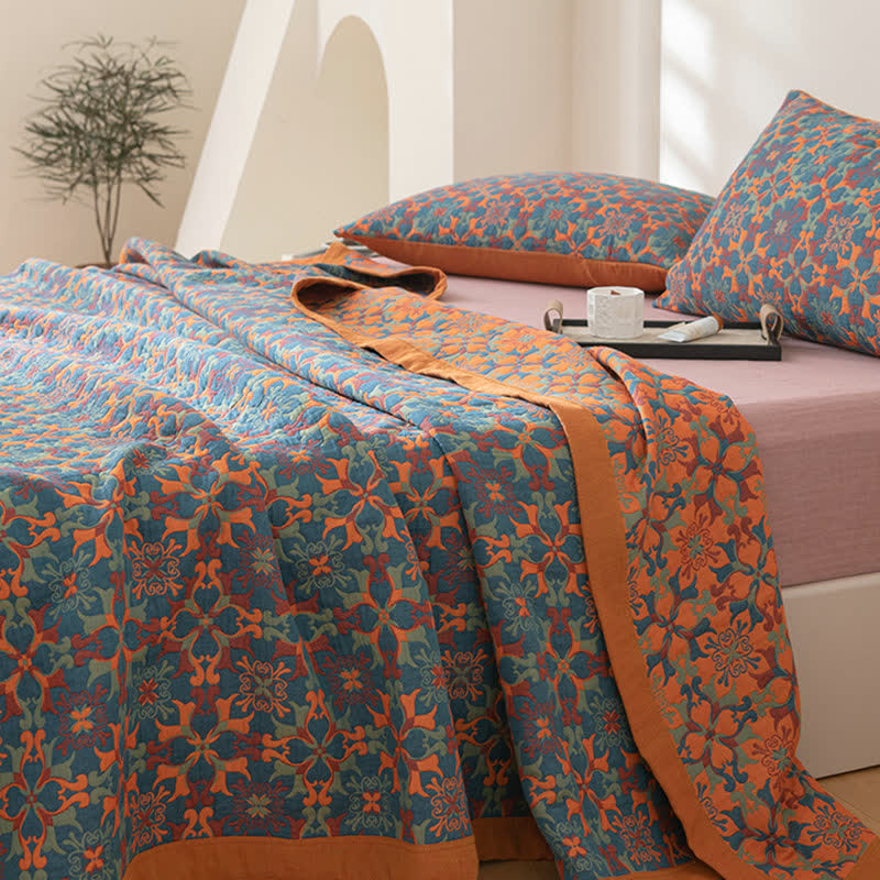 Ethnic | Orange & Blue Patroon Zeslaags Katoenen Quilt