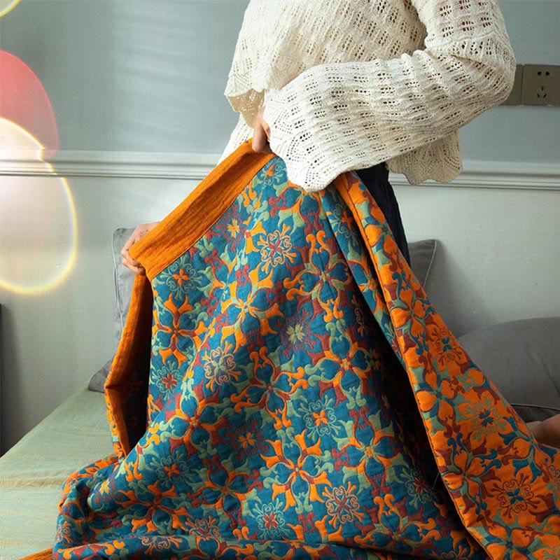 Ethnic | Orange & Blue Patroon Zeslaags Katoenen Quilt