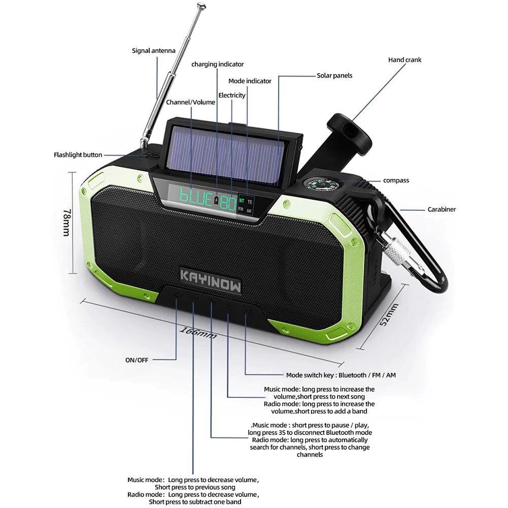 Radiovox | Draagbare Noodradio met AM/FM, Zonne- en Handkruk, USB-oplaadbaar, Oplaadbare AA-batterijen