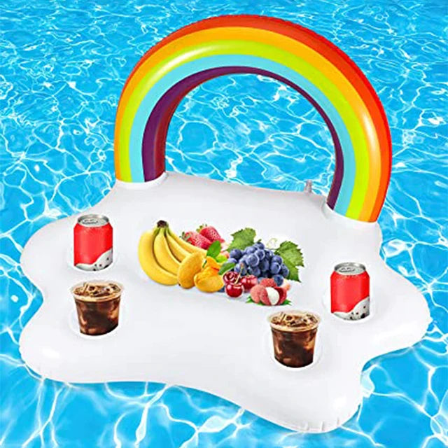 Float | Drijvende Tafel Zomer Feestemmer met Regenboogwolk Bekerhouder | Opblaasbaar Bed Float voor Zwembad | Bierkoeler Bar Strand