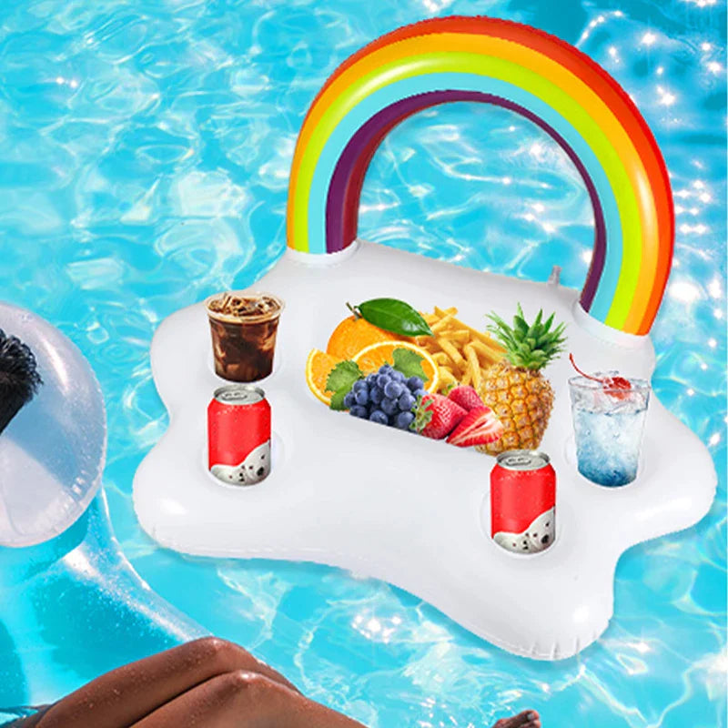 Float | Drijvende Tafel Zomer Feestemmer met Regenboogwolk Bekerhouder | Opblaasbaar Bed Float voor Zwembad | Bierkoeler Bar Strand