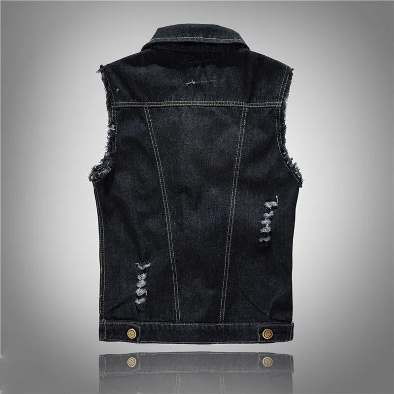 Heren Vintage Zwart Denim Vest | Klassieke Wassing met Gescheurde Details - Romwyl