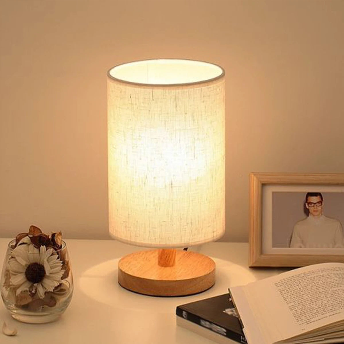 Houten Linnen Tafellamp met Touchbediening | USB-Aangedreven LED Nachtlamp | Warme Witte Sfeerlamp voor Gezellige Woondecoratie - Damero