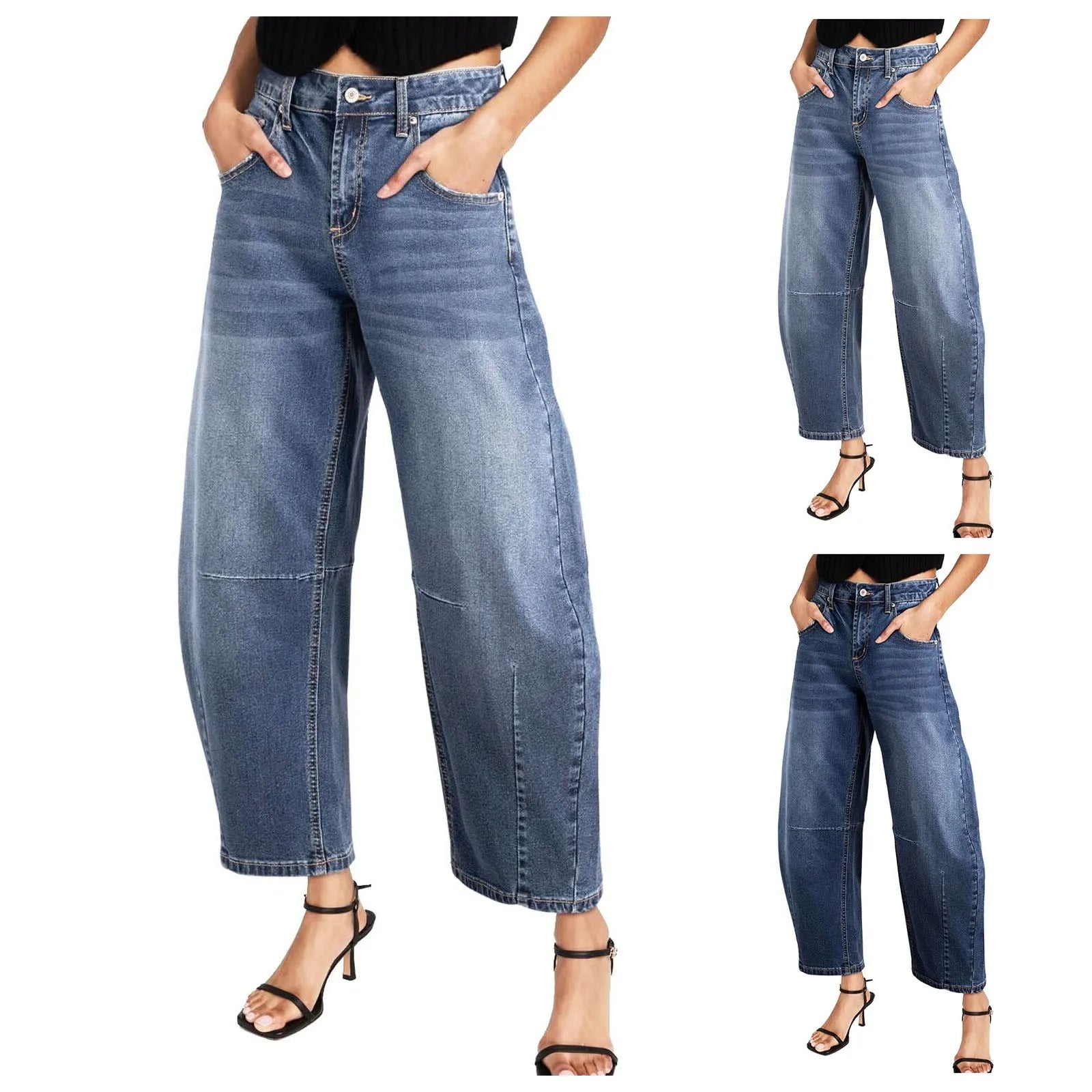 Dames Mid-Rise Barrel Wide-Leg Jeans | Relaxte Cropped Denim met Decoratieve Knopen en Functionele Zakken - Kierlyn