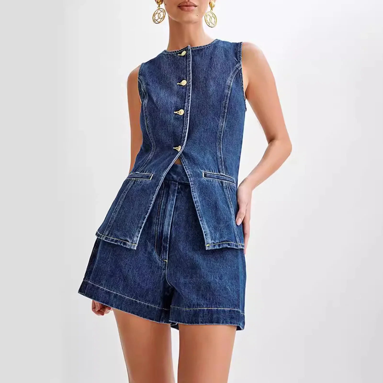 Dames Y2K Retro Denim Lang Vest met Zakjes en Slim Fit Shorts | Trendy en Functionele Set - Laidra