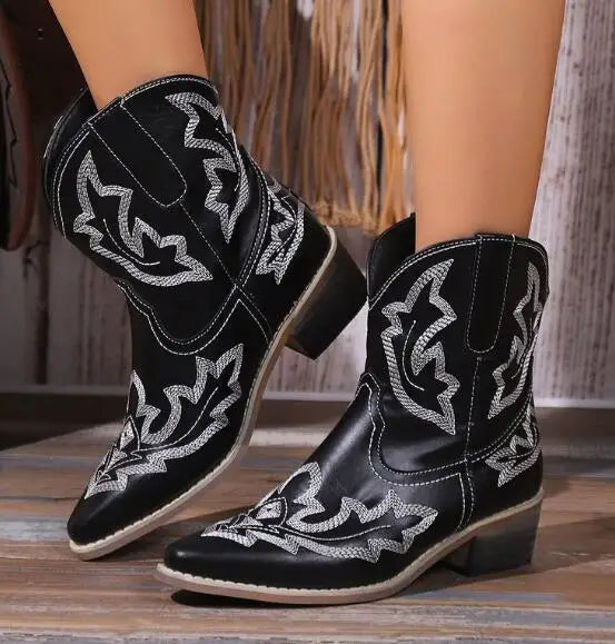 Dames Geborduurde PU Leren Hoge Hakken Cowboylaarzen | Trendy Westerse Stijl met Slangenpatroon - Harinne