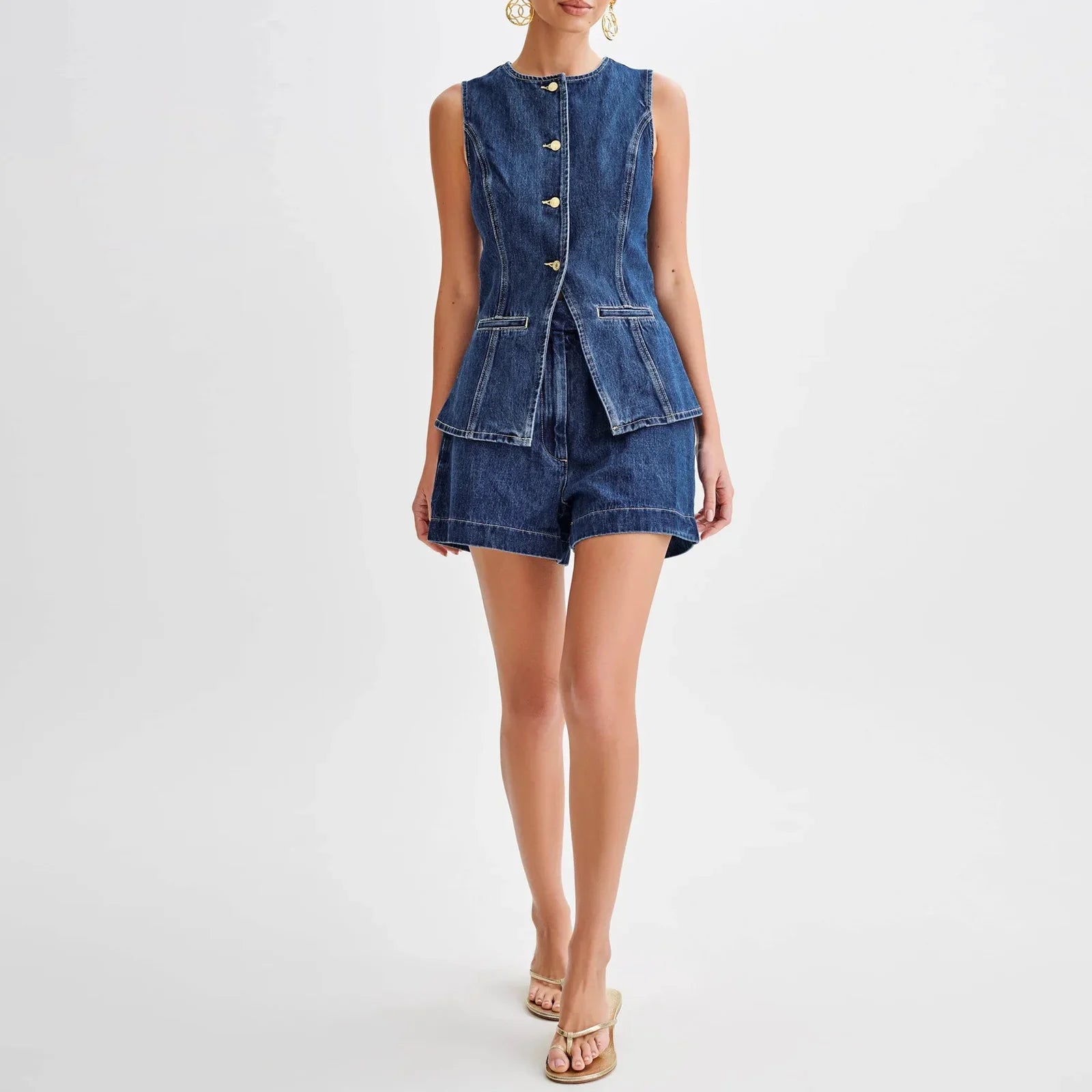 Dames Y2K Retro Denim Lang Vest met Zakjes en Slim Fit Shorts | Trendy en Functionele Set - Laidra