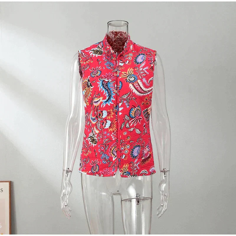 Gewatteerd Vest met Bloemenprint in Vintage Stijl - Rinava