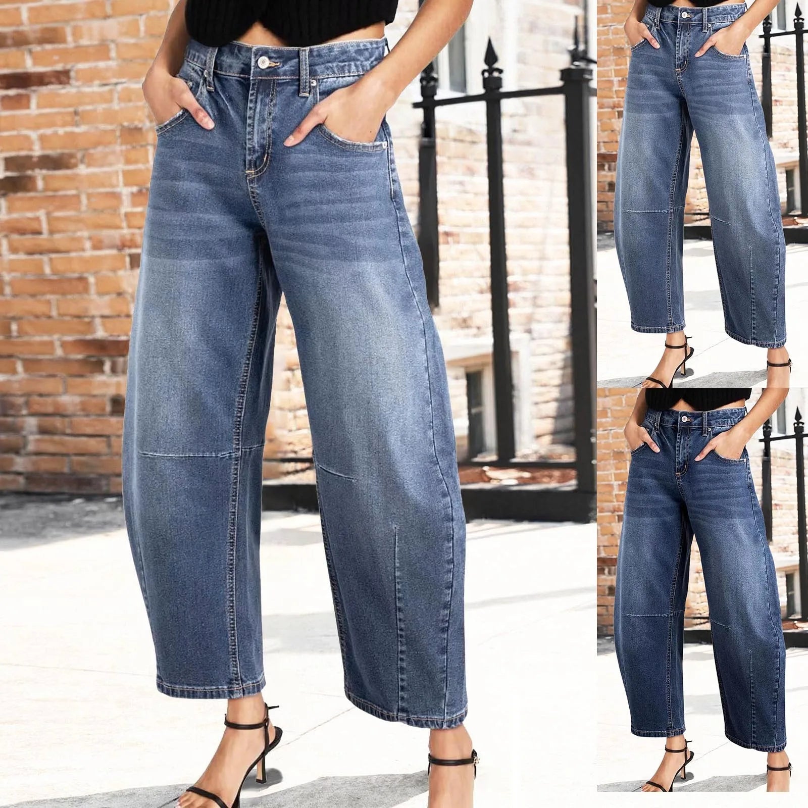 Dames Mid-Rise Barrel Wide-Leg Jeans | Relaxte Cropped Denim met Decoratieve Knopen en Functionele Zakken - Kierlyn