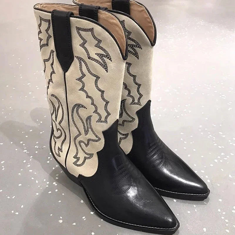 Dames Vintage Geborduurde Cowboylaarzen | Slip-On Western Stijl met Dikke Hak - Liyana