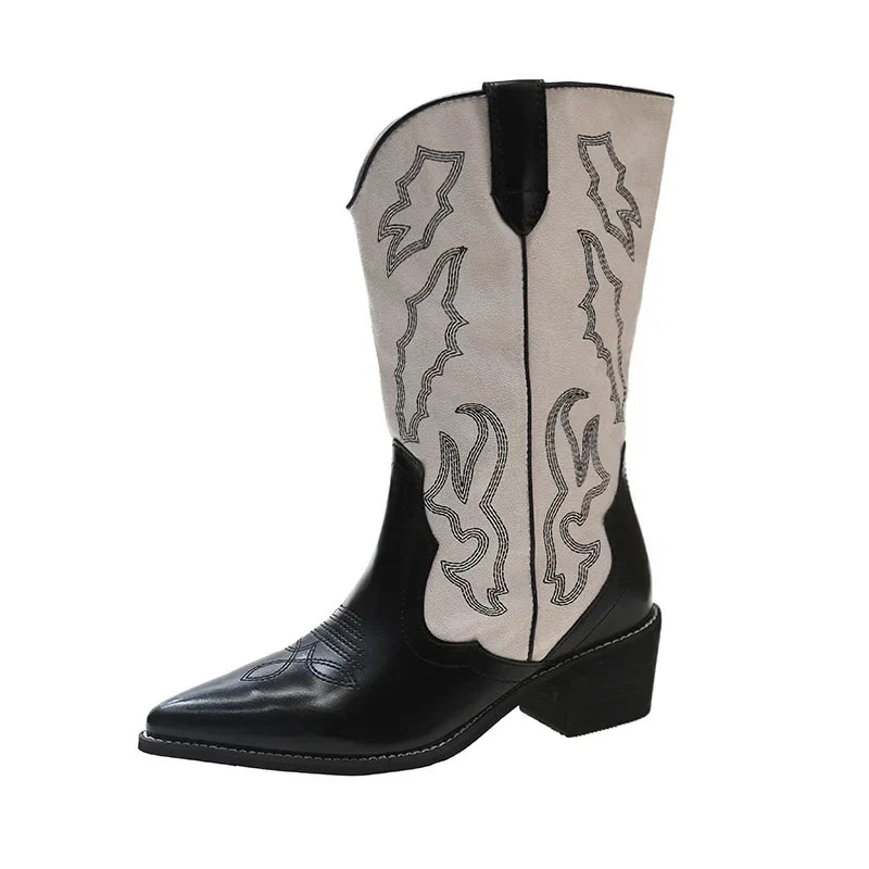 Dames Vintage Geborduurde Cowboylaarzen | Slip-On Western Stijl met Dikke Hak - Liyana