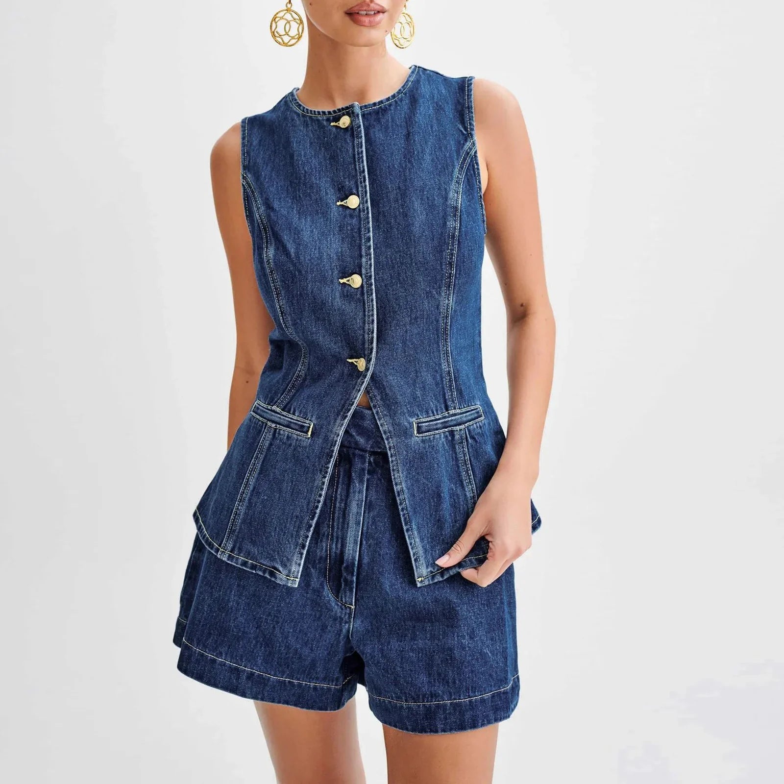 Dames Y2K Retro Denim Lang Vest met Zakjes en Slim Fit Shorts | Trendy en Functionele Set - Laidra