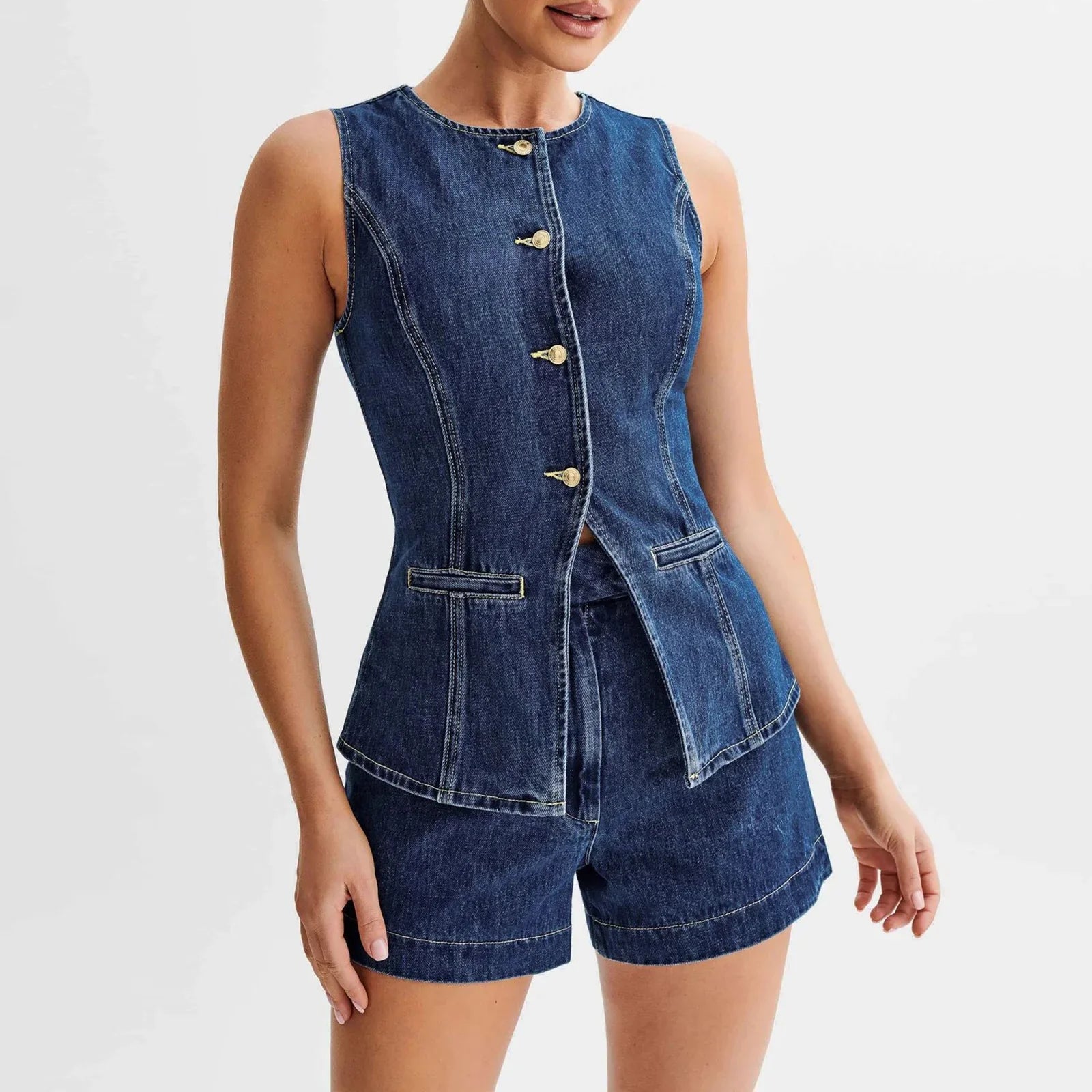 Dames Y2K Retro Denim Lang Vest met Zakjes en Slim Fit Shorts | Trendy en Functionele Set - Laidra