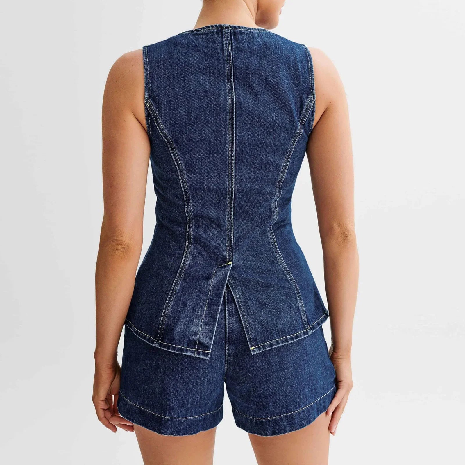 Dames Y2K Retro Denim Lang Vest met Zakjes en Slim Fit Shorts | Trendy en Functionele Set - Laidra