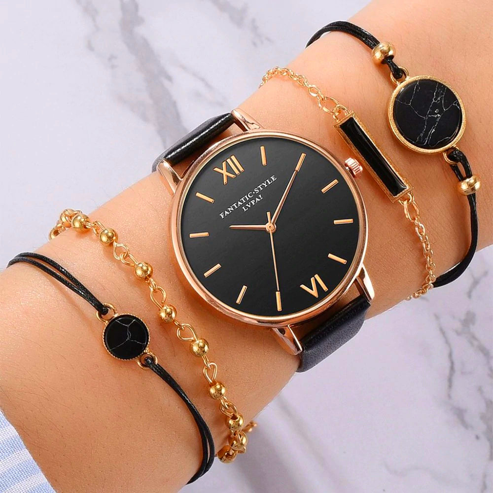 Analoog Quartz Horloge met 4 Matching Armbanden voor een Stijlvolle Vrouwelijke Look - Renzy