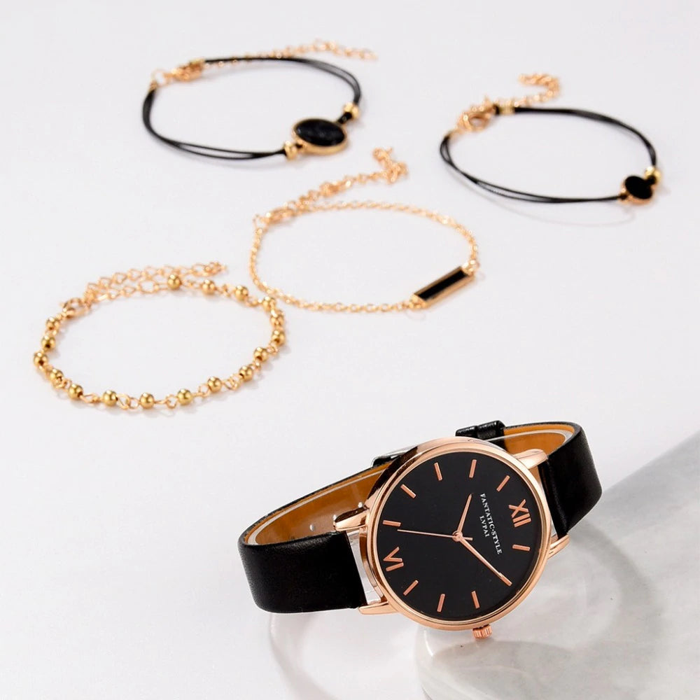 Analoog Quartz Horloge met 4 Matching Armbanden voor een Stijlvolle Vrouwelijke Look - Renzy