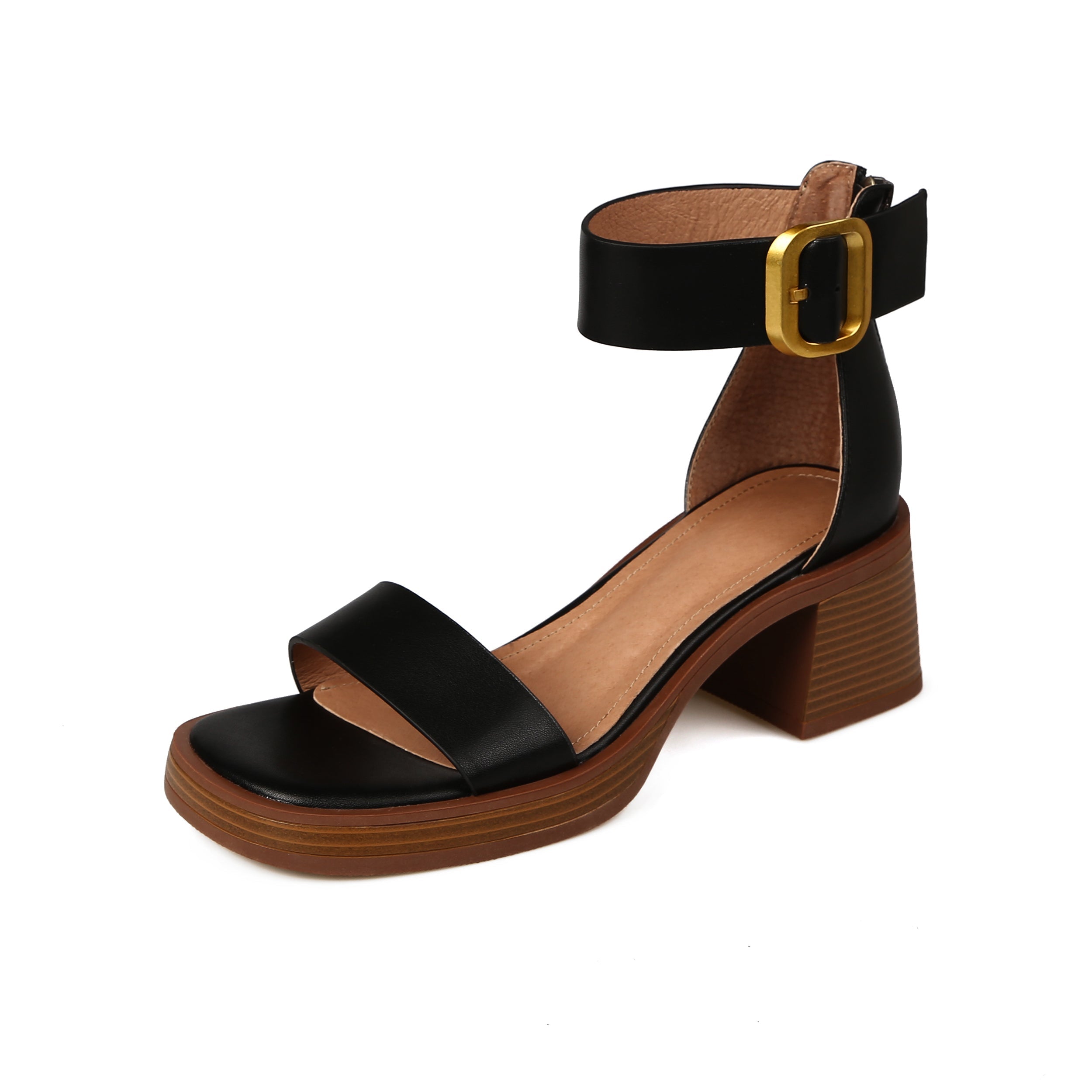 Leren Sandalen voor Dames met Mid Hak, Dubbele Bandjes & Gesp - Aceline